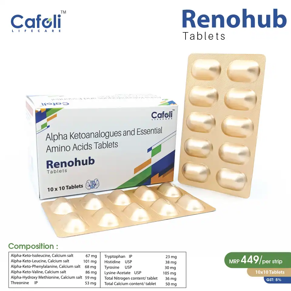 Alpha-Ketoanalogues & Essential Amino Acids Renohub Tablet at best price in PCD Pharma Franchise for Chronic Kidney Disease.